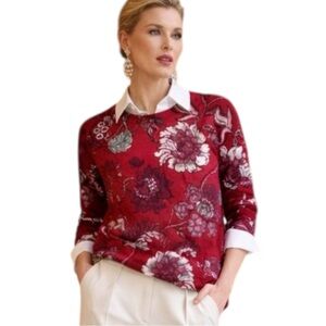Talbots Red Floral Cashmere Sweater 1X Plus Size Luxury Classic Feminine